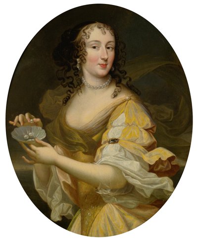 Portret van een dame in allegorische gedaante, met een schaal parels door Pierre Mignard